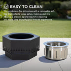Smokeless Fire Pit 28-Inch Hexagonal Firepit for Outdoor, Stainless Steel Wood Burning Fireplace with Removable Ash Pan, PVC Cover and Fire Poker, Ideal for Camping, Bonfire, Backyard, Black