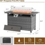 44" Fire Pit Table with Wind Guard for Outdoor, Auto-Ignition Propane Gas Firepits Rattan Rectangular Table for outside Patio 60,000 BTU, Gray
