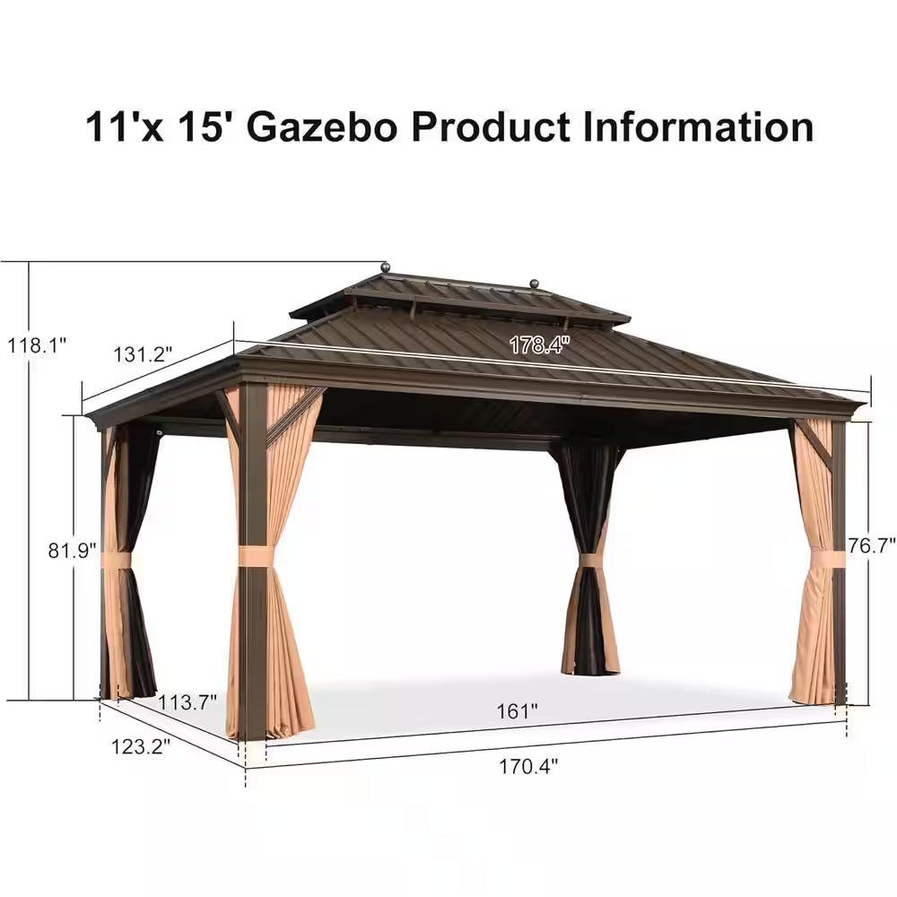 11 Ft.X 15 Ft.Bronze Aluminum Power-Coated Frame Galvanized Steel Double Roof Hardtop Gazebo,Hooks,Netting,Khaki Curtain