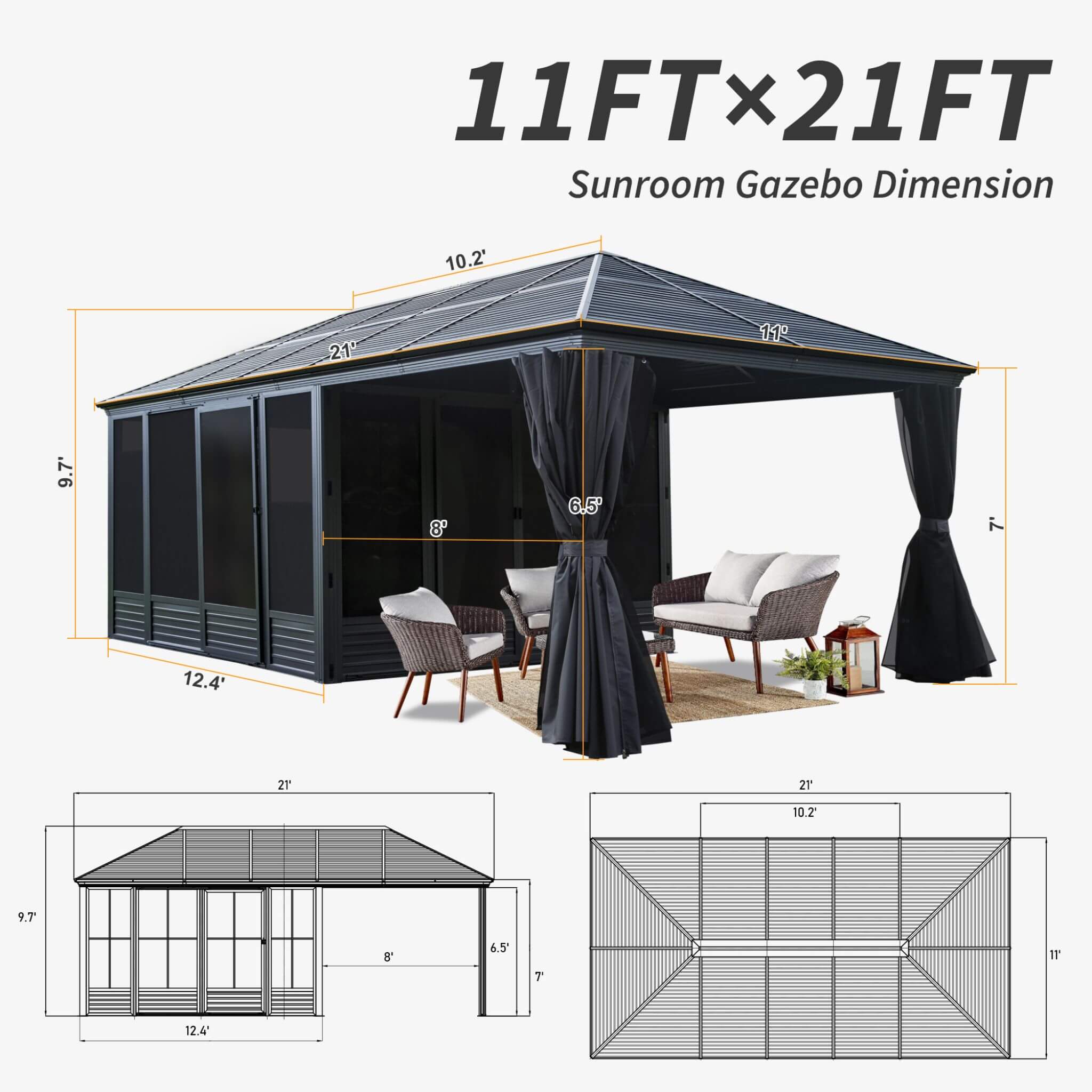 [11X21FT] Alora Outdoor All-Season Solarium Sunroom Gazebo With Galvanized Steel Roof