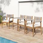 Braided Acacia Wood Outdoor Dining Chairs Set of 2 – Teak Look with Beige Rope & Cream Cushions