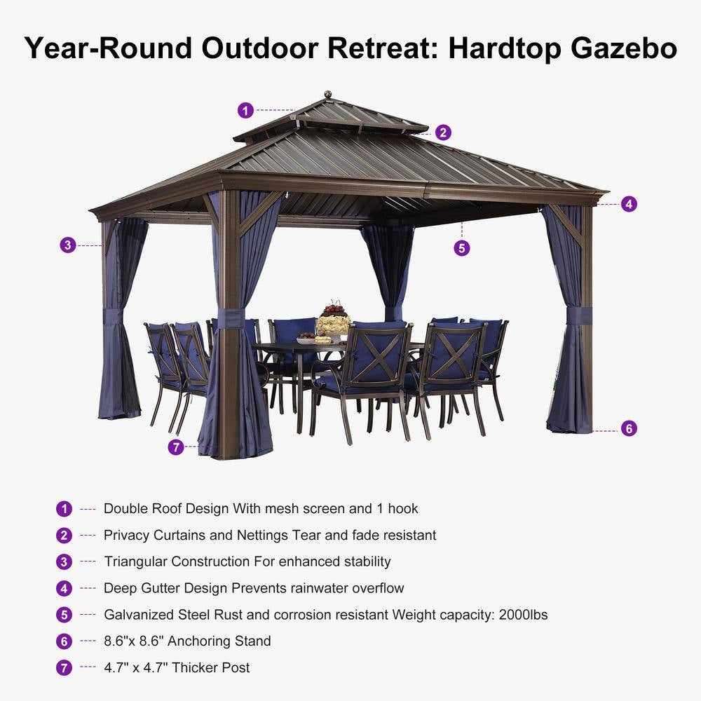12 Ft. X 12 Ft. Bronze Aluminum Power-Coated Frame Galvanized Steel Double Roof Hardtop Gazebo Hook Netting Blue Curtain