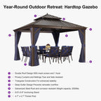 12 Ft. X 12 Ft. Bronze Aluminum Power-Coated Frame Galvanized Steel Double Roof Hardtop Gazebo Hook Netting Blue Curtain