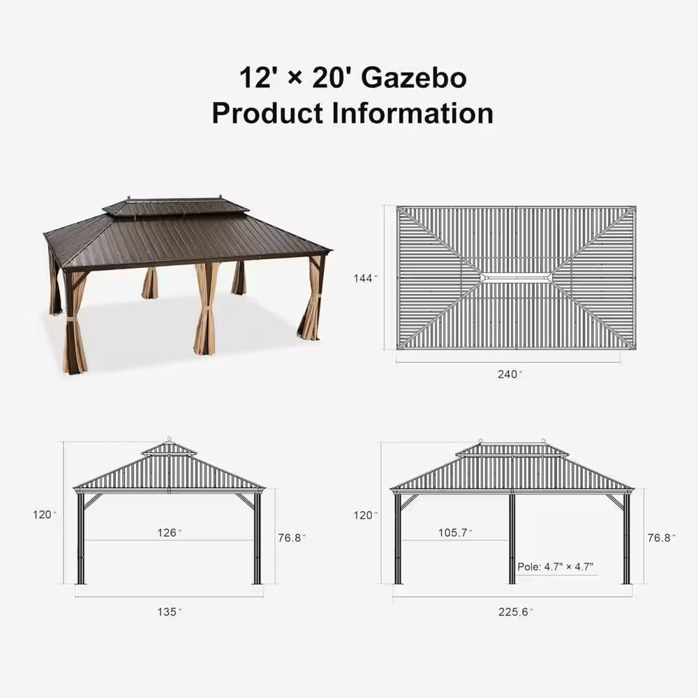 12 Ft.X 20 Ft.Bronze Patio Outdoor Gazebo for Backyard Hardtop Aluminum Frame with Hooks,Netting,Khaki Curtain,36-Lights