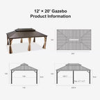 12 Ft.X 20 Ft.Bronze Patio Outdoor Gazebo for Backyard Hardtop Aluminum Frame with Hooks,Netting,Khaki Curtain,36-Lights