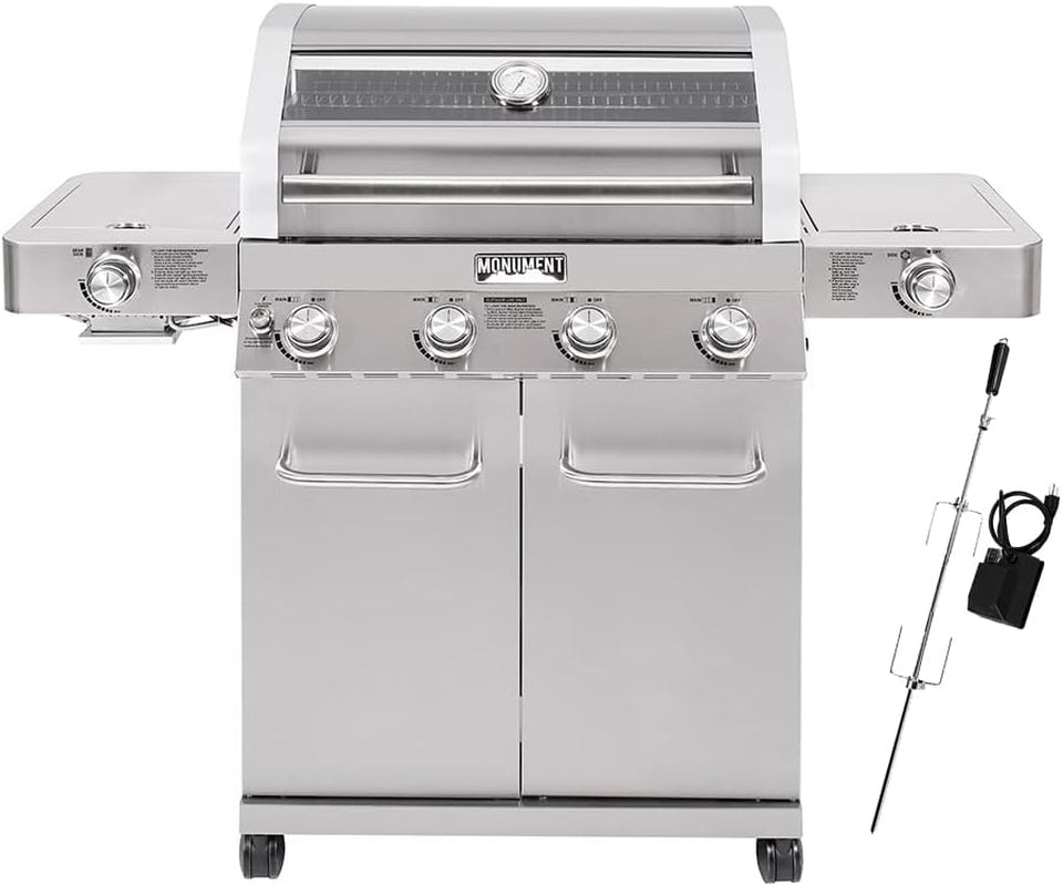 Larger 4-Burner Propane Gas Grills Stainless Steel Cabinet Style with Infrared Side Sear & Side Burners Knob Controls Built-In Thermometer with Stainless Steel Rotisserie Kit(2 Items)