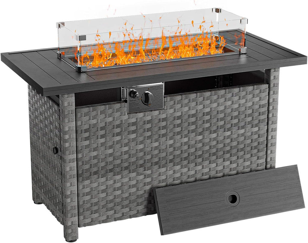 44" Fire Pit Table with Wind Guard for Outdoor, Auto-Ignition Propane Gas Firepits Rattan Rectangular Table for outside Patio 60,000 BTU, Gray