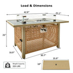 43 In. Propane Gas Fire Pit Table, 60000 BTU Rectangular Open Weave Wicker Fire Pit with Glass Wind Guard in Yellow