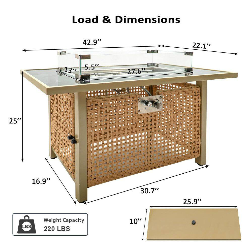 43 In. Propane Gas Fire Pit Table, 60000 BTU Rectangular Open Weave Wicker Fire Pit with Glass Wind Guard in Yellow