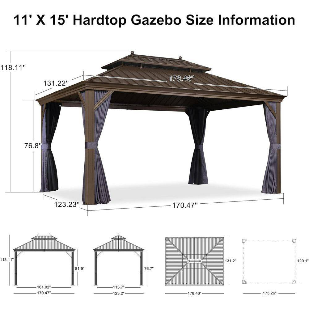 11 Ft. X 15 Ft. Bronze Patio Outdoor Gazebo for Backyard Hardtop Aluminum Frame Hooks, Netting, Blue Curtain, 24-Lights