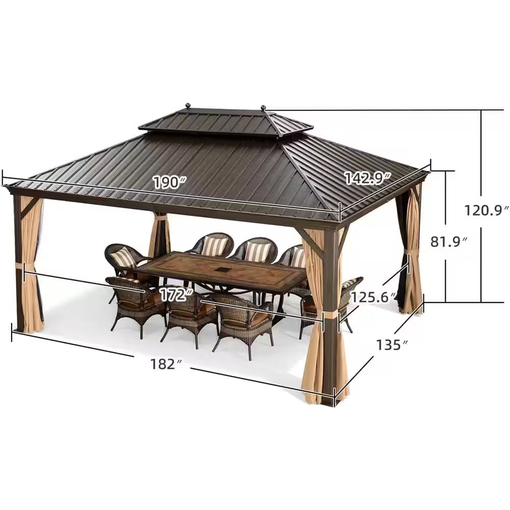 12 Ft.X 16 Ft.Bronze Aluminum Power-Coated Frame Galvanized Steel Double Roof Hardtop Gazebo,Hooks,Netting,Khaki Curtain