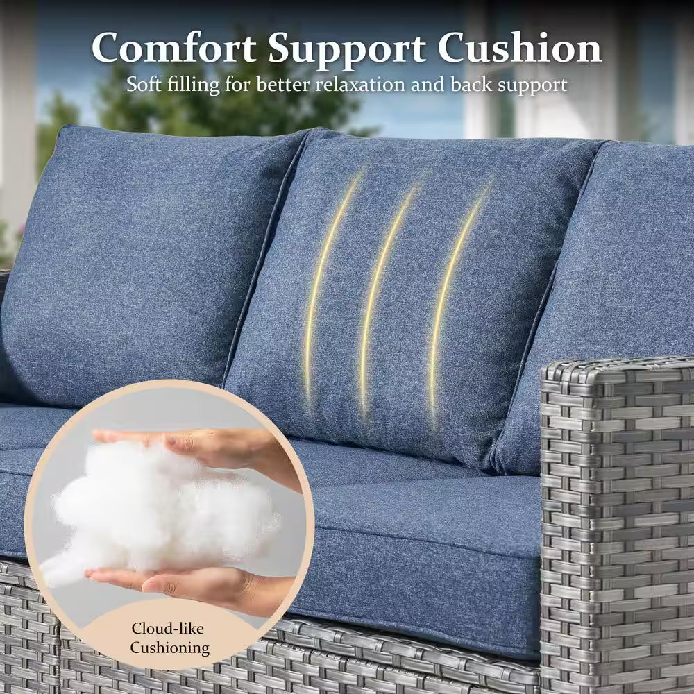 New Vultros Gray 7-Piece Wicker Outdoor Patio Conversation Seating Set with Blue Cushions
