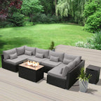Outdoor Patio Furniture Set Wicker Rattan Patio Conversation Set with Fire Pit Table Sectional Sofa Set Seating Furniture with Thickened Cushion (Light Gray - Rectangular Fire Pit Table)
