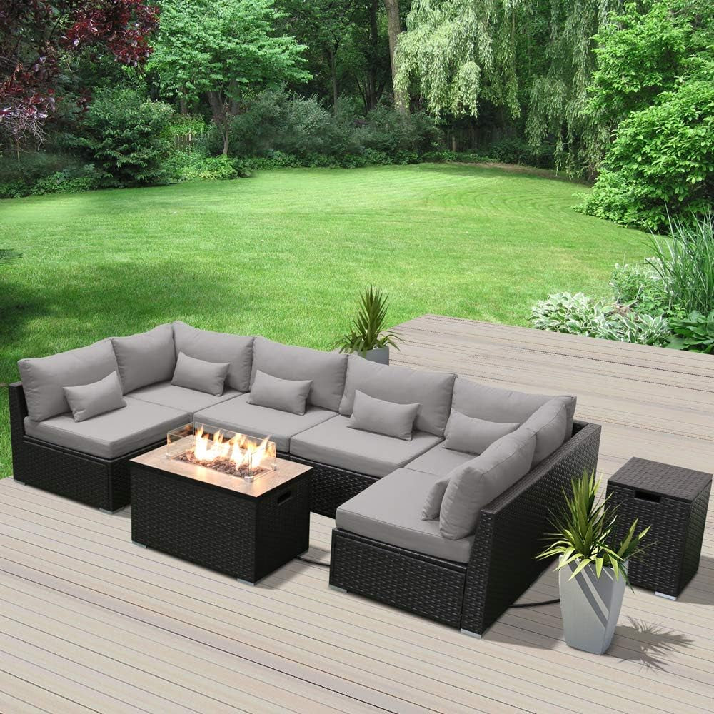Outdoor Patio Furniture Set Wicker Rattan Patio Conversation Set with Fire Pit Table Sectional Sofa Set Seating Furniture with Thickened Cushion (Light Gray - Rectangular Fire Pit Table)