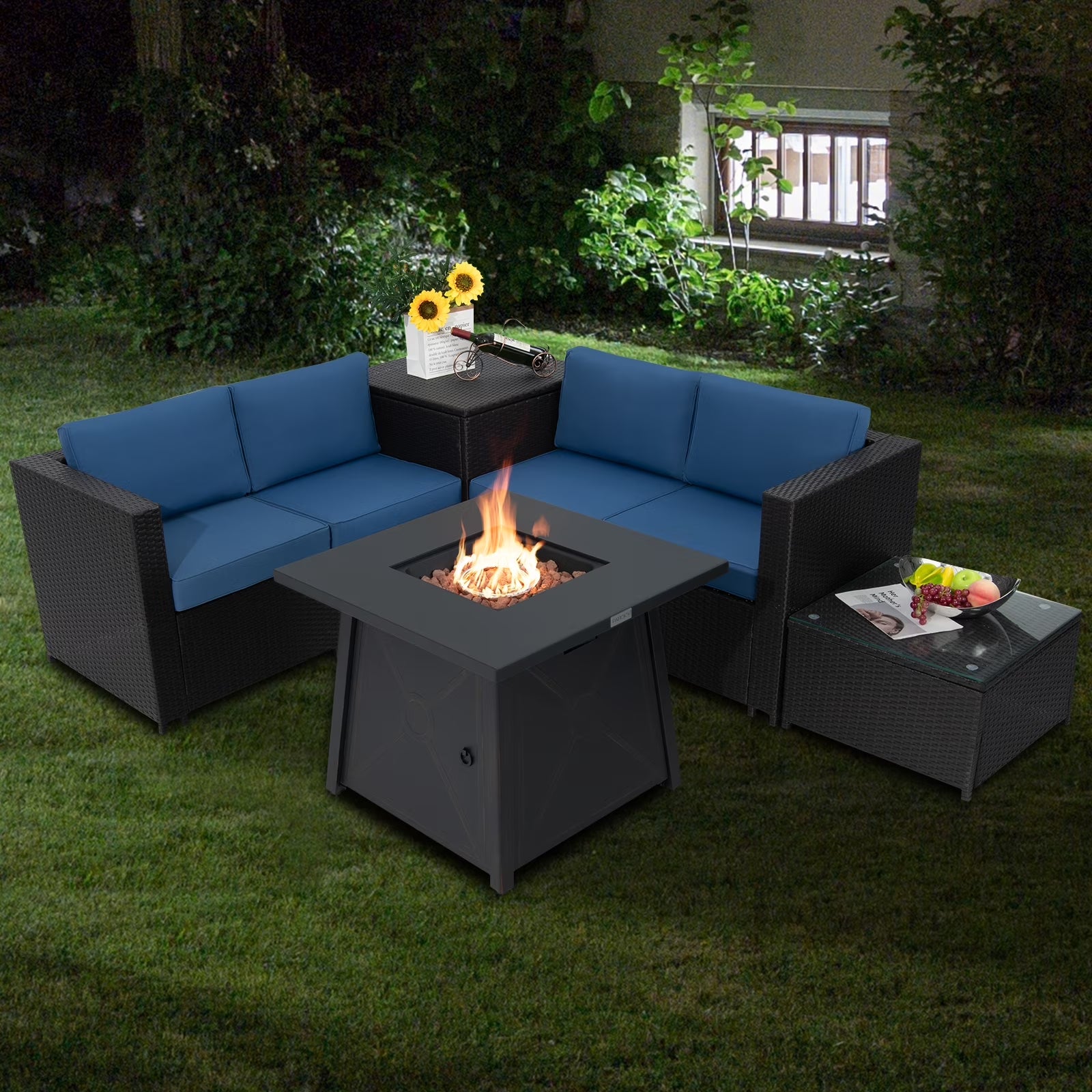 5-Piece Outdoor Patio Furniture Set with 50,000 BTU Propane Fire Pit Table Patio PE Wicker Conversation Set with Cushions Storage Box and Tempered Glass Coffee Table Navy