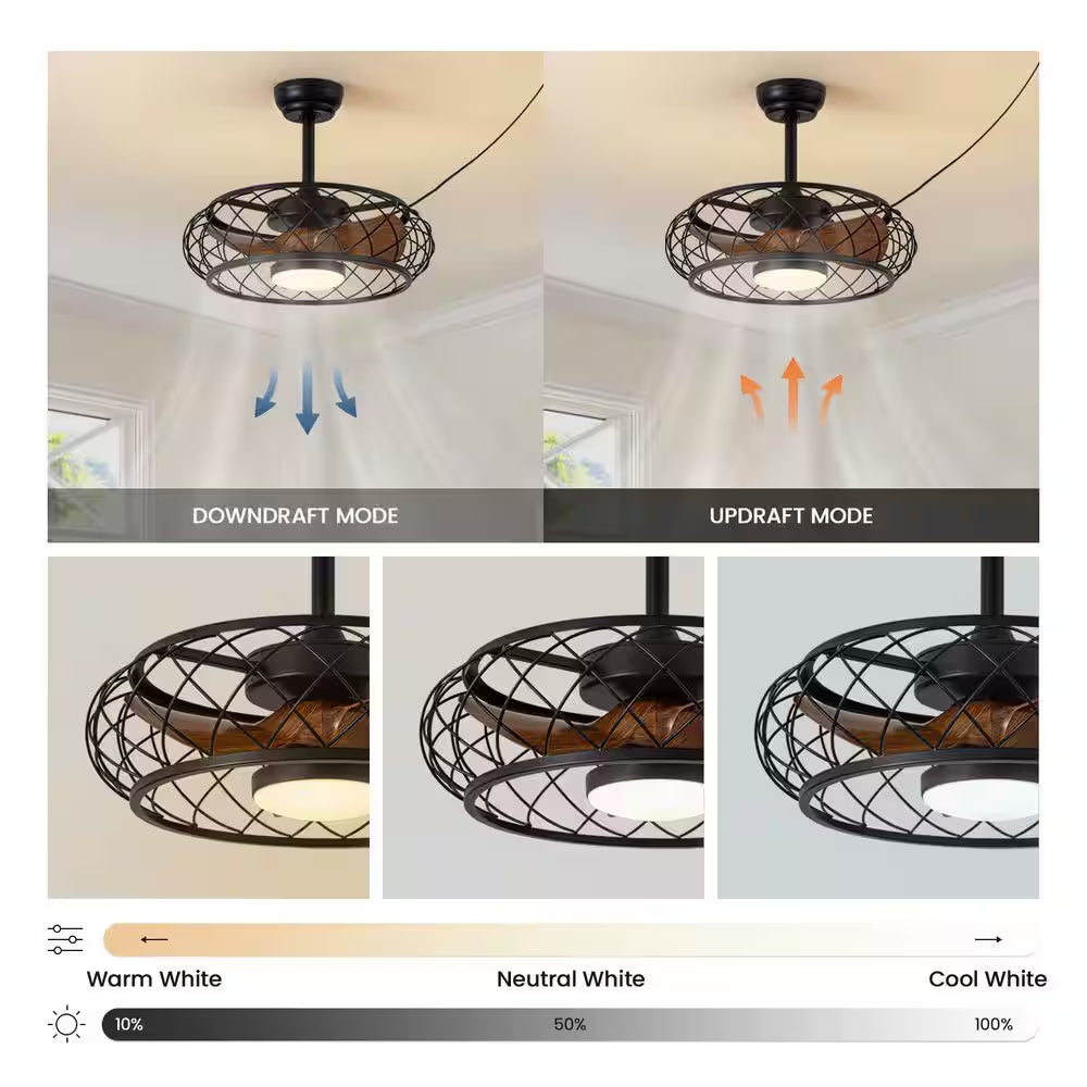 21 In. Smart Indoor/Outdoor Industrial Black Caged Plug-In Ceiling Fans with Dimmable LED with Remote Included