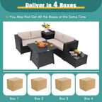 5-Piece Outdoor Patio Furniture Set with 50,000 BTU Propane Fire Pit Table Patio PE Wicker Conversation Set with Cushions Storage Box and Tempered Glass Coffee Table Beige