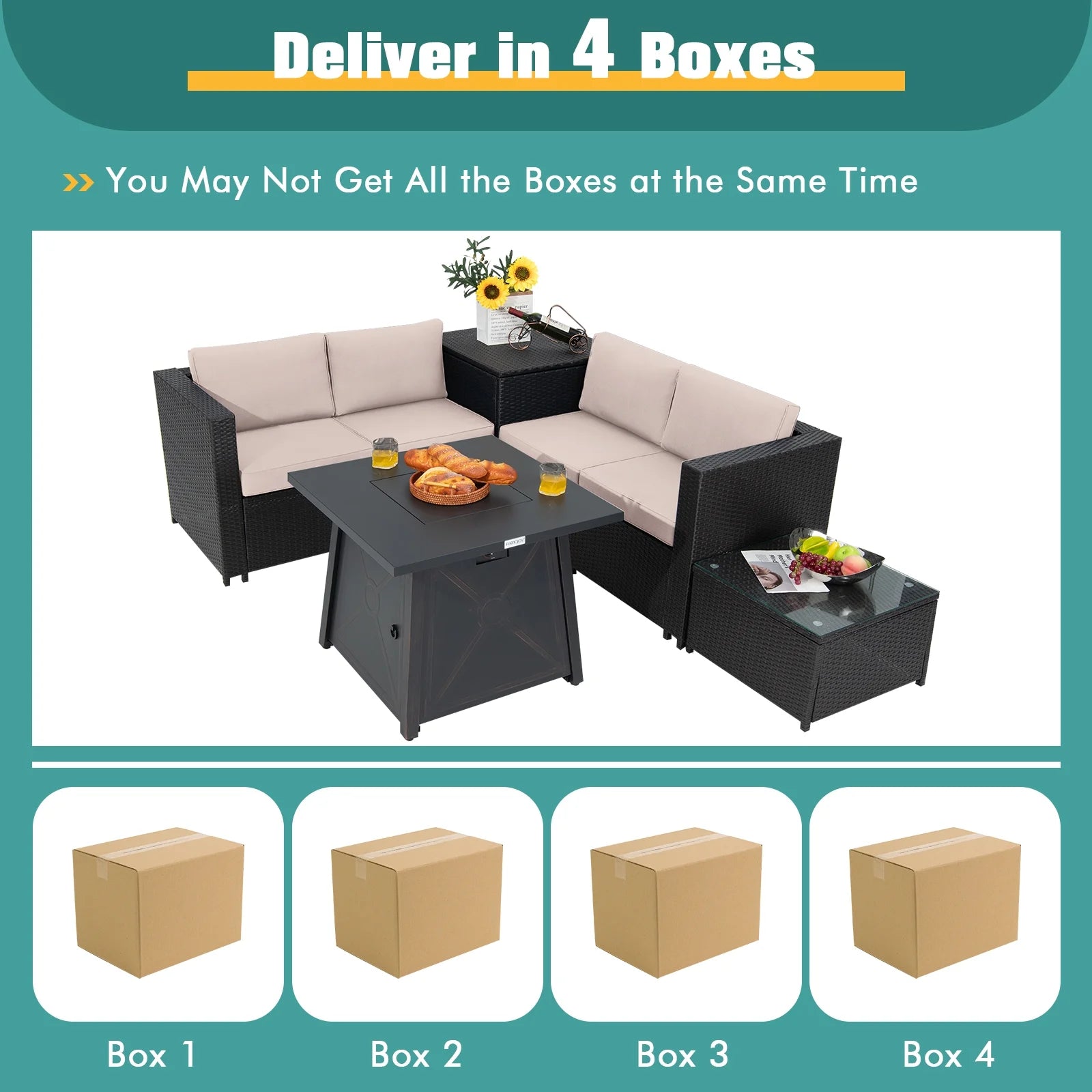 5-Piece Outdoor Patio Furniture Set with 50,000 BTU Propane Fire Pit Table Patio PE Wicker Conversation Set with Cushions Storage Box and Tempered Glass Coffee Table Beige