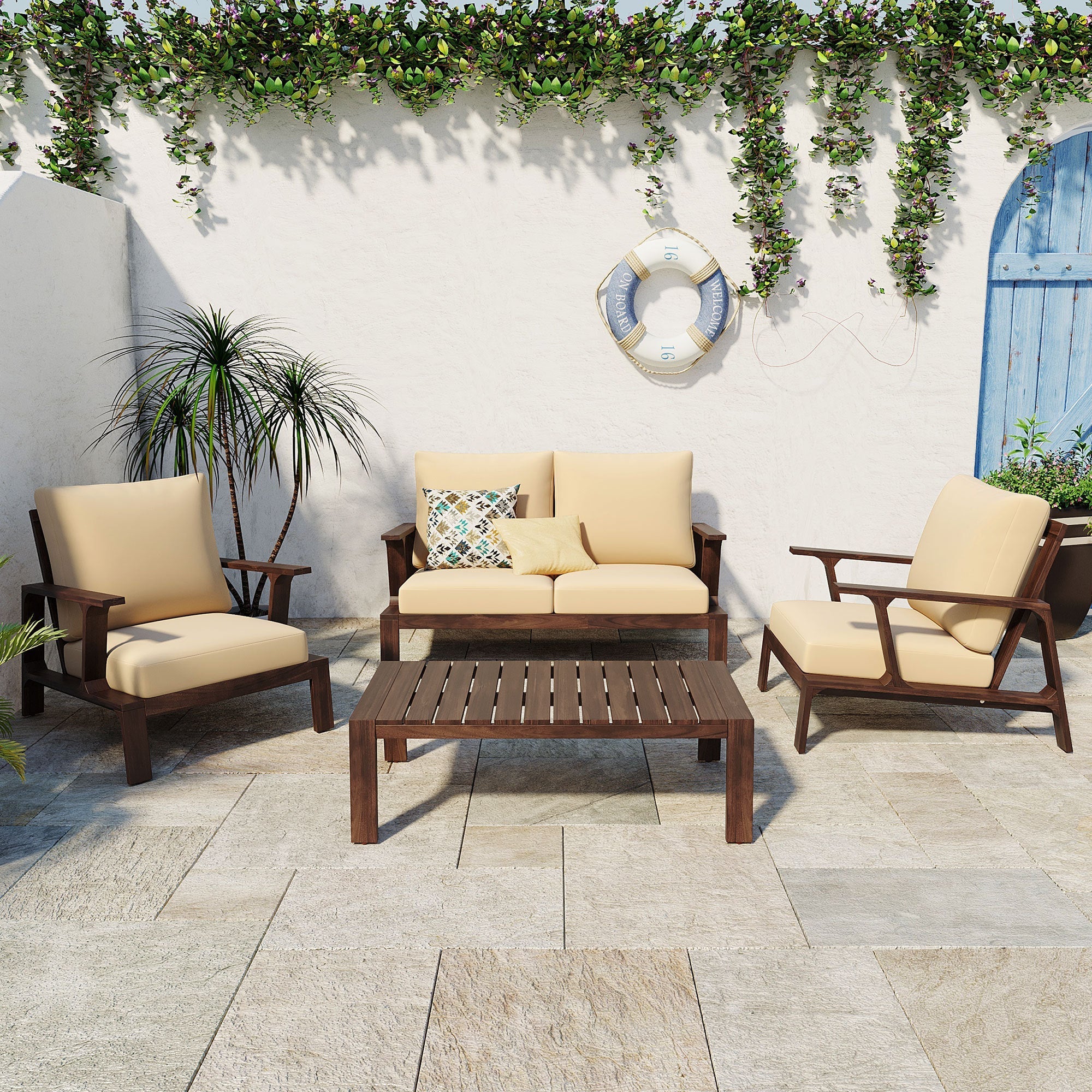 4- Piece Outdoor Sofa Set with Cushions and Coffee Table