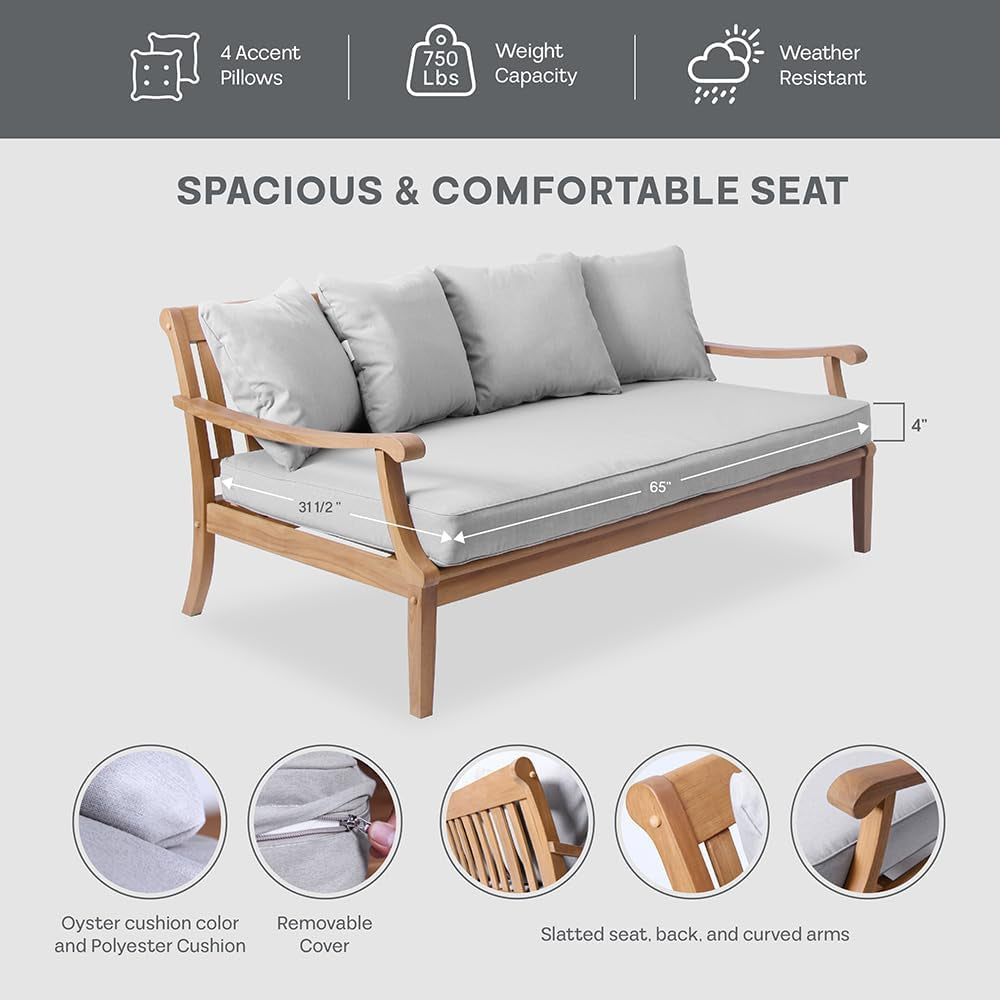 Robin Teak Wood Outdoor Sofa Bed with Oyster Thick Cushion, Weather-Resistant Patio Lounger, Seats up to 3 People, 750 Lb Weight Capacity, Removable Cushion