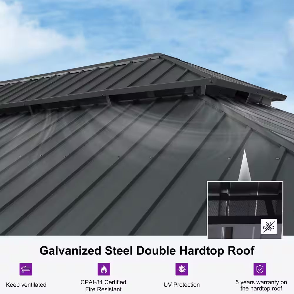 12 Ft. X 28 Ft. Gray Aluminum Power-Coated Frame Galvanized Steel Double Roof Hardtop Gazebo,Hooks, Netting,Gray Curtain