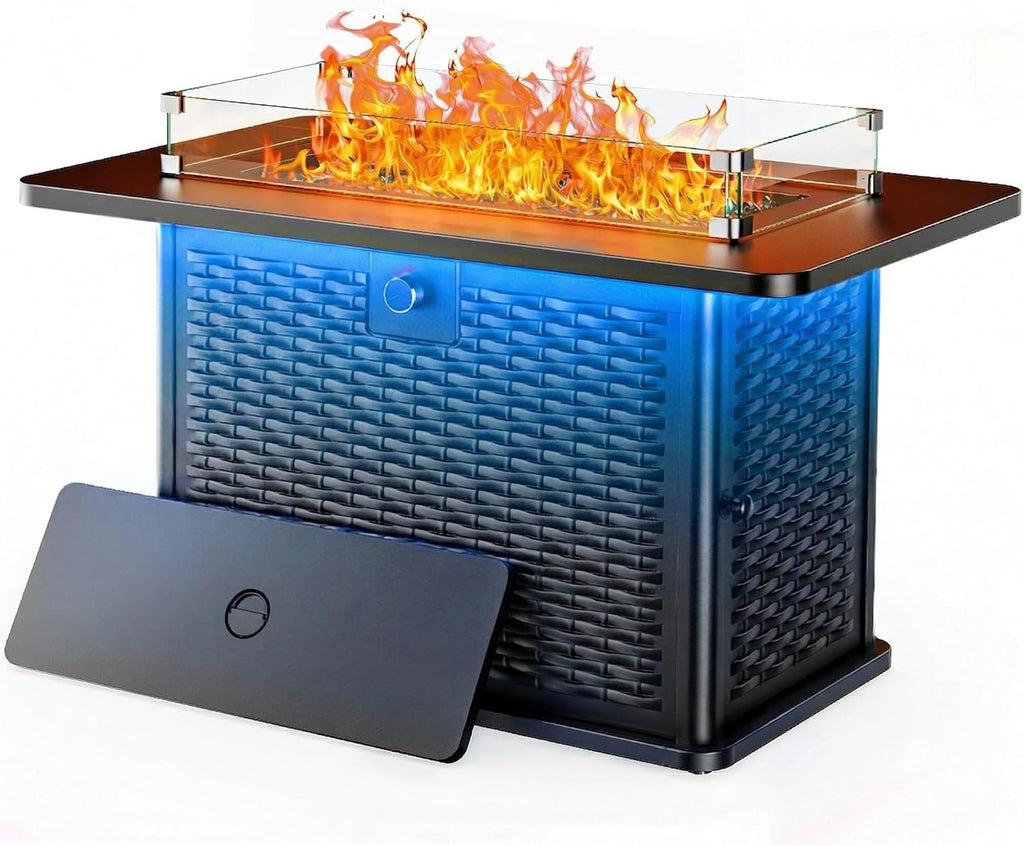 43" Rectangular Propane Fire Pit with RGB Lighting Strip – 60,000 BTU Gas Fire Pit Table, Glass Stones, Wind Guard, Adjustable Flame, Outdoor Fire Pit for Patio & Garden, Black