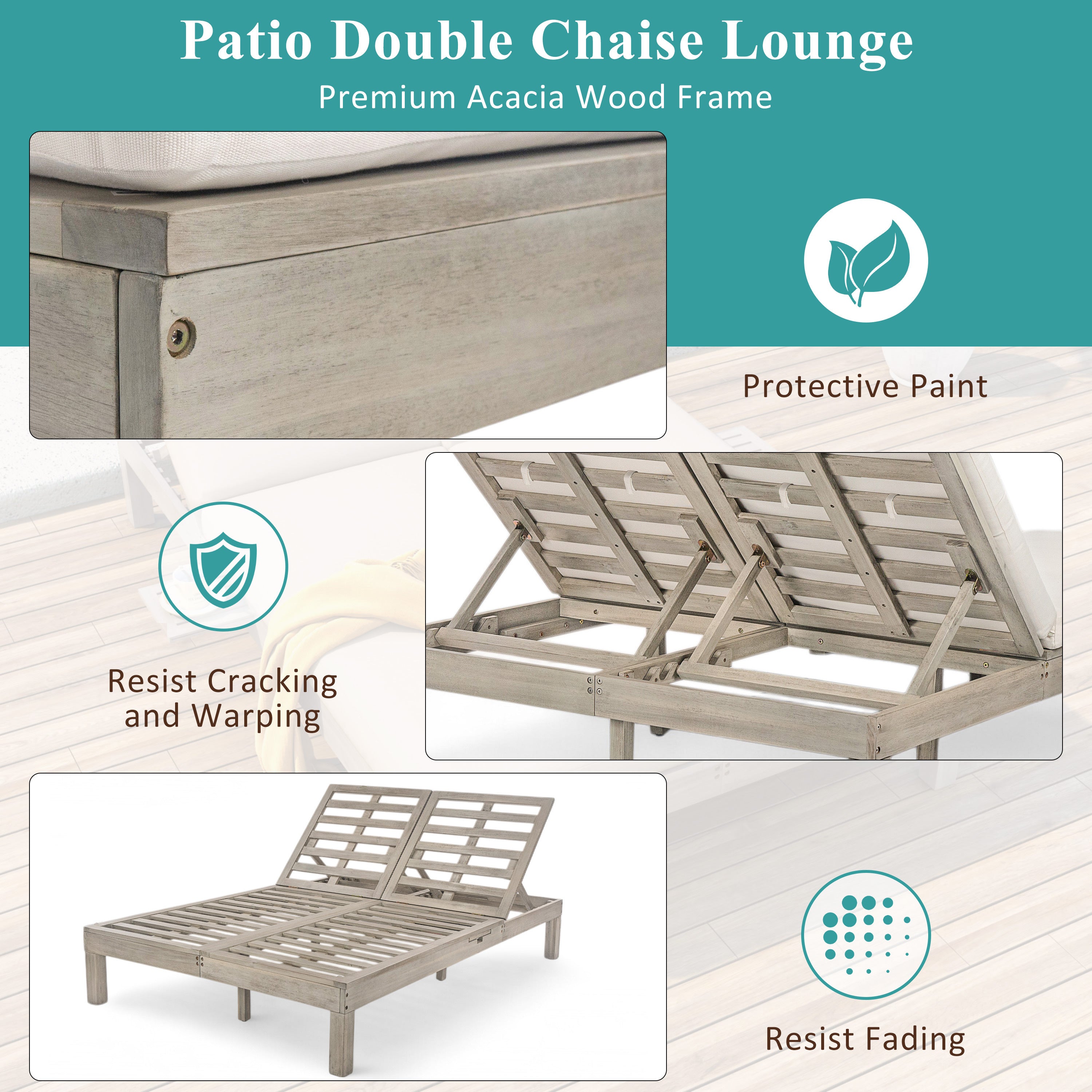 5-Position Adjustable Backrest Double Chaise Lounge Outdoor