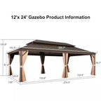 12 Ft. X 24 Ft. Bronze Patio Outdoor Gazebo for Backyard Hardtop Aluminum Frame Hooks Netting Khaki Curtain 48-Lights