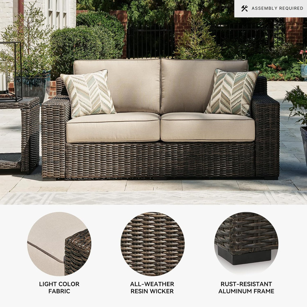 Signature Design by Ashley Coastline Bay Casual Weather Resistant Outdoor Loveseat with Cushion and 2 Throw Pillows, Nuvella Weather Resistant Fabric, Beige & Dark Brown