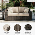 Signature Design by Ashley Coastline Bay Casual Weather Resistant Outdoor Loveseat with Cushion and 2 Throw Pillows, Nuvella Weather Resistant Fabric, Beige & Dark Brown