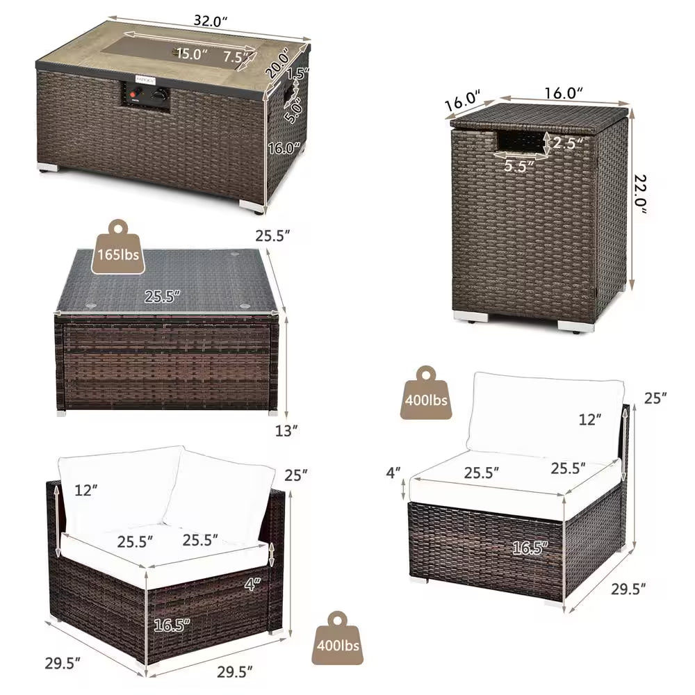 8-Piece Patio Rattan Furniture Set Fire Pit Table Tank Holder Cover Deck off White