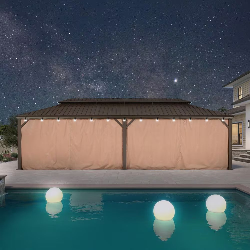 12 Ft. X 28 Ft. Bronze Patio Outdoor Gazebo for Backyard Hardtop Aluminum Frame, Hooks, Netting, Khaki Curtain,48-Lights
