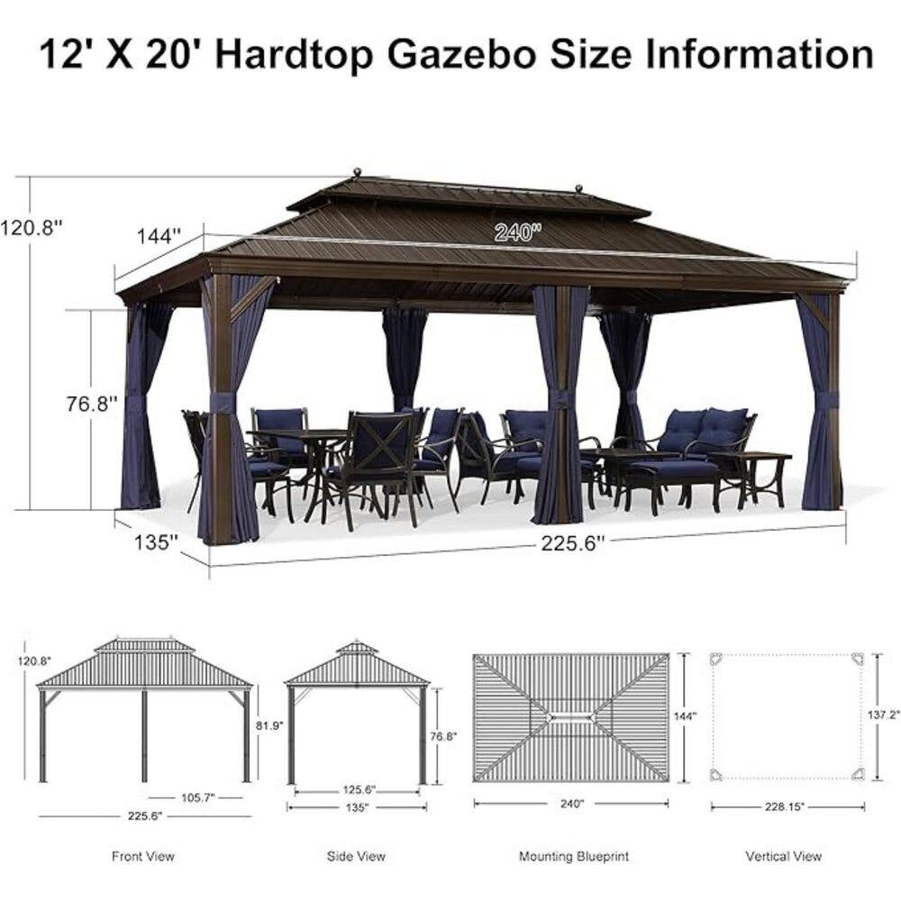 12 Ft. X 20 Ft. Bronze Patio Outdoor Gazebo for Backyard Hardtop Aluminum Frame Hooks, Netting, Blue Curtain, 36-Lights