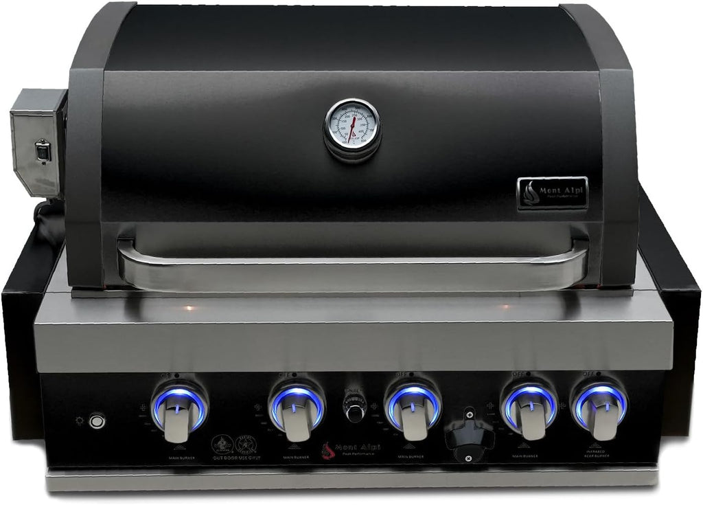 Premium 32"W X 23"D X 21"H Black Stainless Steel 4-Burner 63000 Btus Outdoor Kitchen Kitchen Island Heavy Duty Propane Built-In BBQ Gas Grill Head with Infrared Rear Burner + Rotisserie Kit