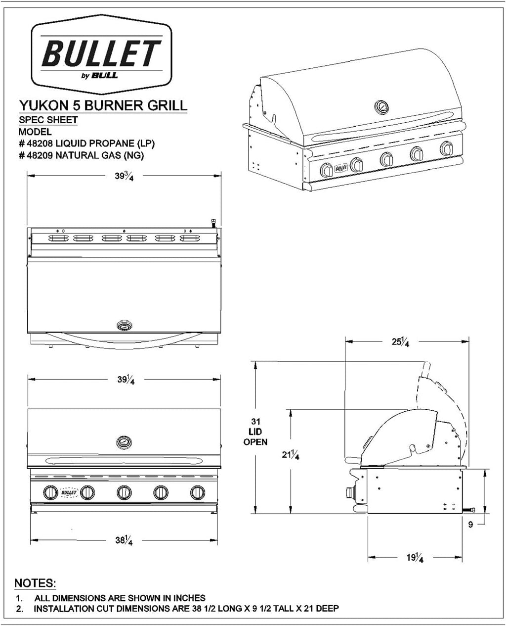 Bullet by Bull Yukon 5 Burner Outdoor Kitchen Grill, Built-In Gas Grill with 75,000 Btus of Heat, 304 Stainless Steel, Cast Iron Heat Treated Reliabull Bar Burners and Piezo Igniters