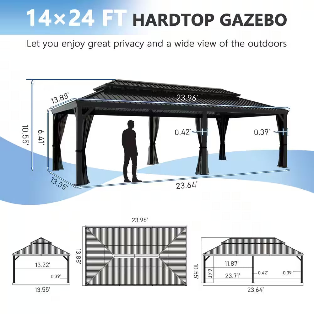 24 Ft. W X 14 Ft. D Aluminum Hardtop Gazebo with Galvanized Double Roof and Textilene Netting