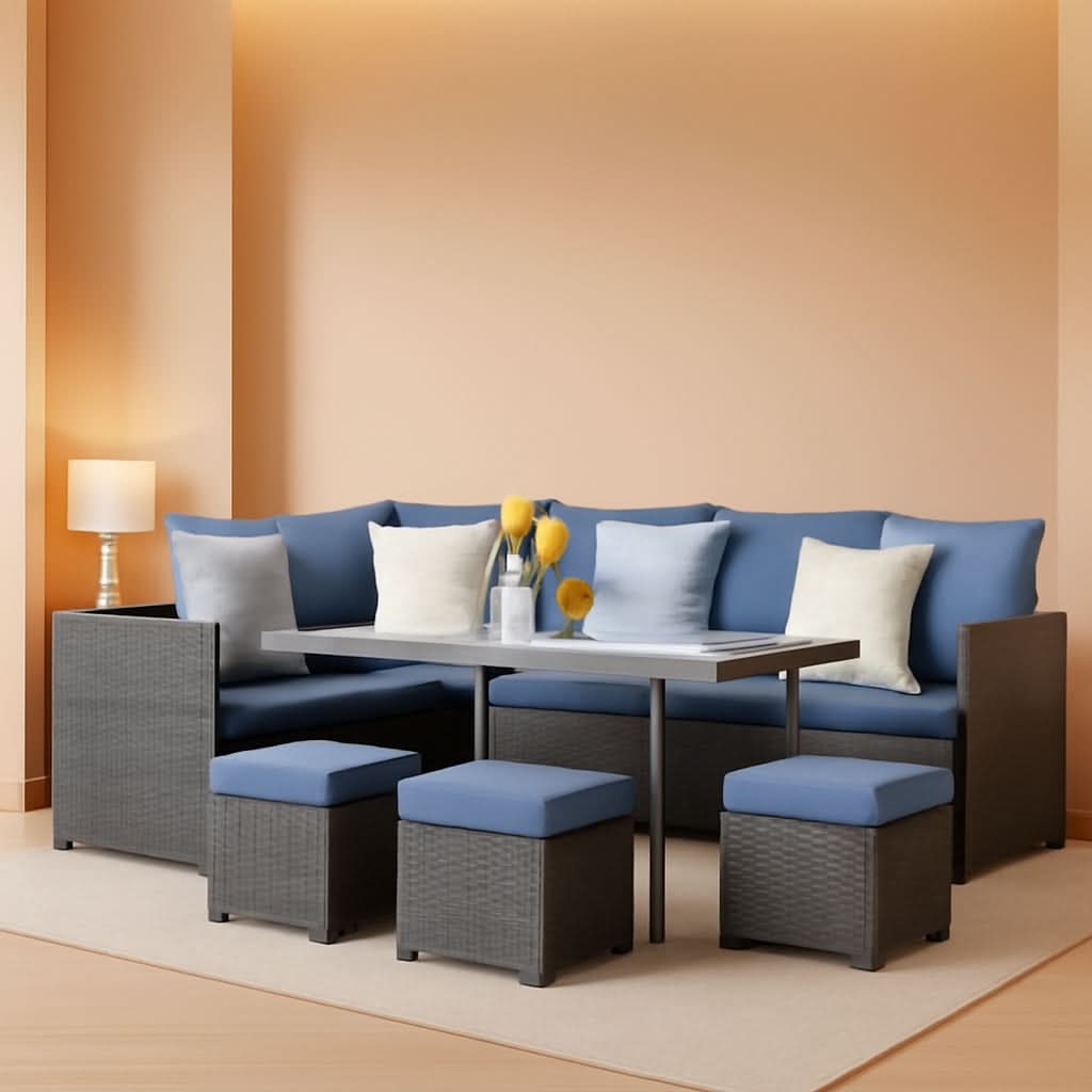 Blue 7-Piece Outdoor Patio Furniture Set With Table Chairs