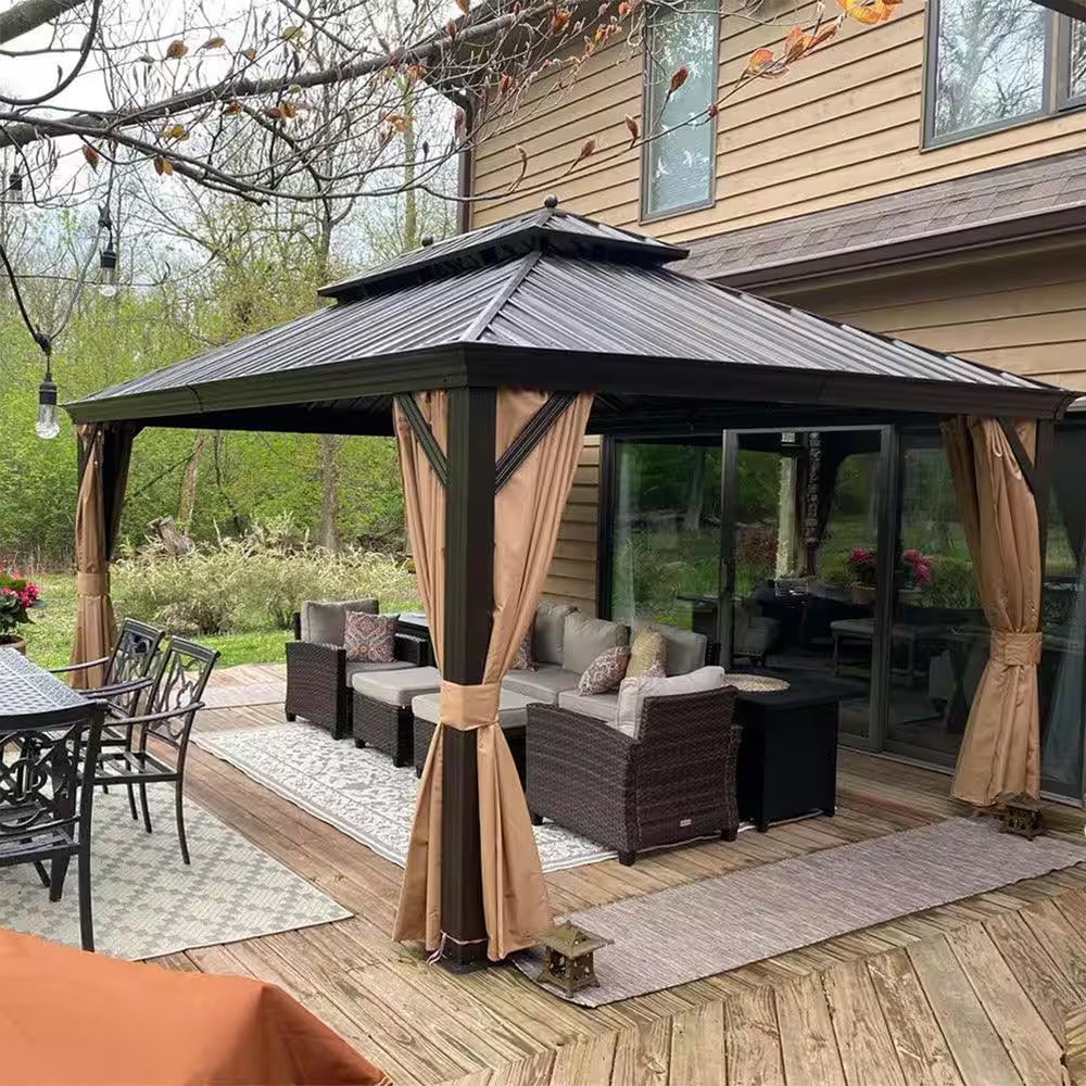 10 Ft.X 14 Ft.Bronze Aluminum Power-Coated Frame Galvanized Steel Double Roof Hardtop Gazebo,Hooks,Netting,Khaki Curtain
