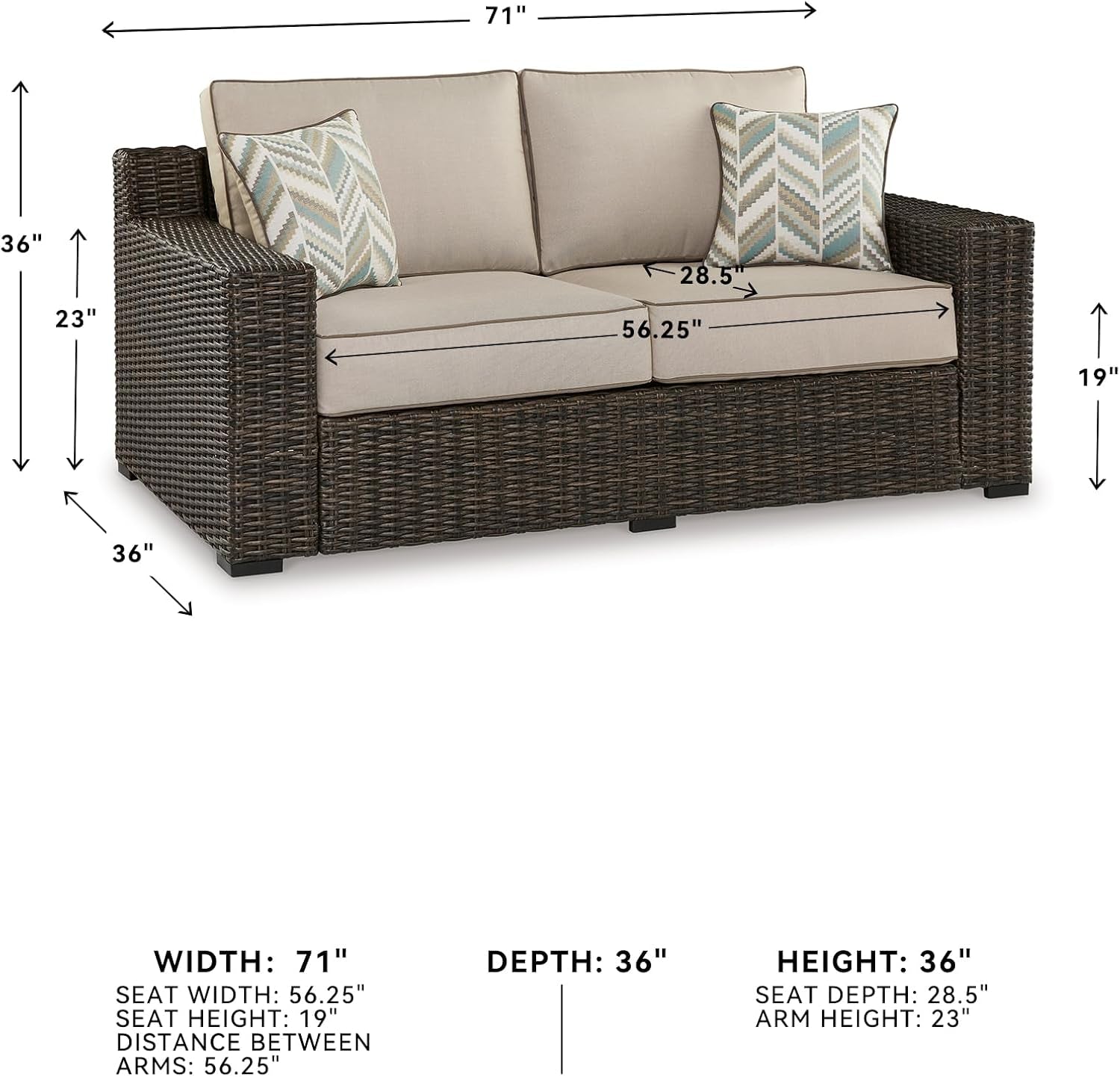 Signature Design by Ashley Coastline Bay Casual Weather Resistant Outdoor Loveseat with Cushion and 2 Throw Pillows, Nuvella Weather Resistant Fabric, Beige & Dark Brown