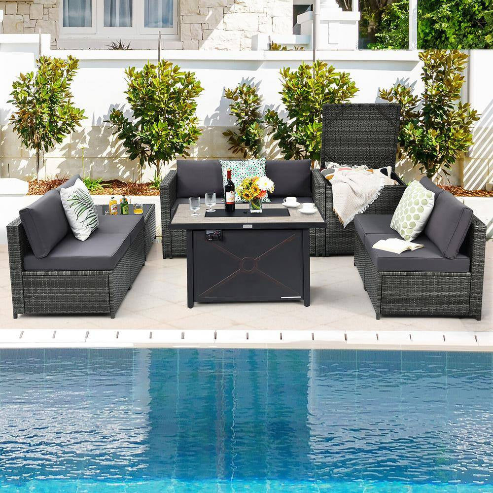 9-Pieces Patio Rattan Furniture Set Fire Pit Table Storage Grey with Cover Grey