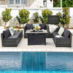 9-Pieces Patio Rattan Furniture Set Fire Pit Table Storage Grey with Cover Grey