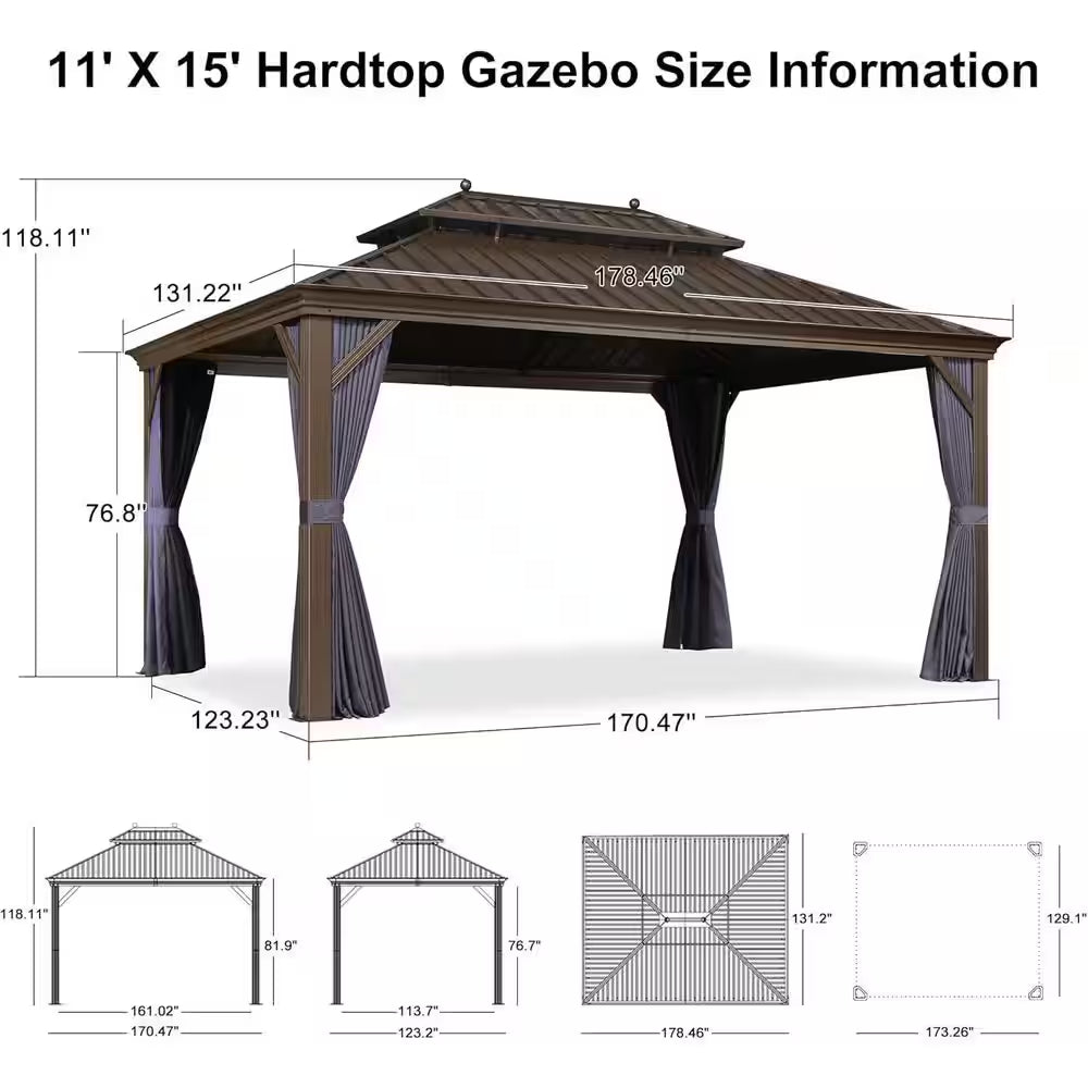11 Ft. X 15 Ft. Bronze Patio Outdoor Gazebo for Backyard Hardtop Aluminum Frame, Hooks Netting Blue Curtain 24-Lights
