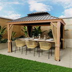 10 Ft. X 12 Ft. Double Roof Hardtop Wood Grain Aluminum Patio Gazebo with Netting and Khaki Curtains