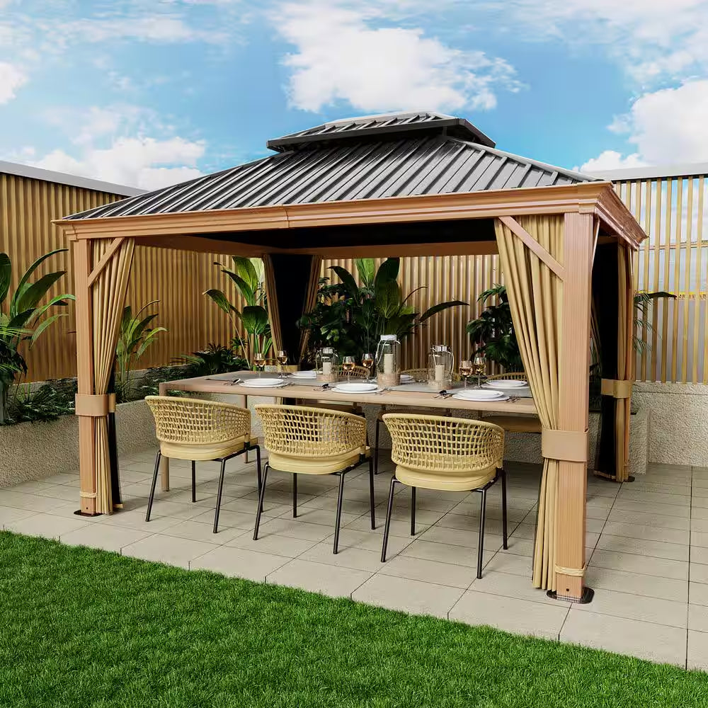 10 Ft. X 12 Ft. Double Roof Hardtop Wood Grain Aluminum Patio Gazebo with Netting and Khaki Curtains