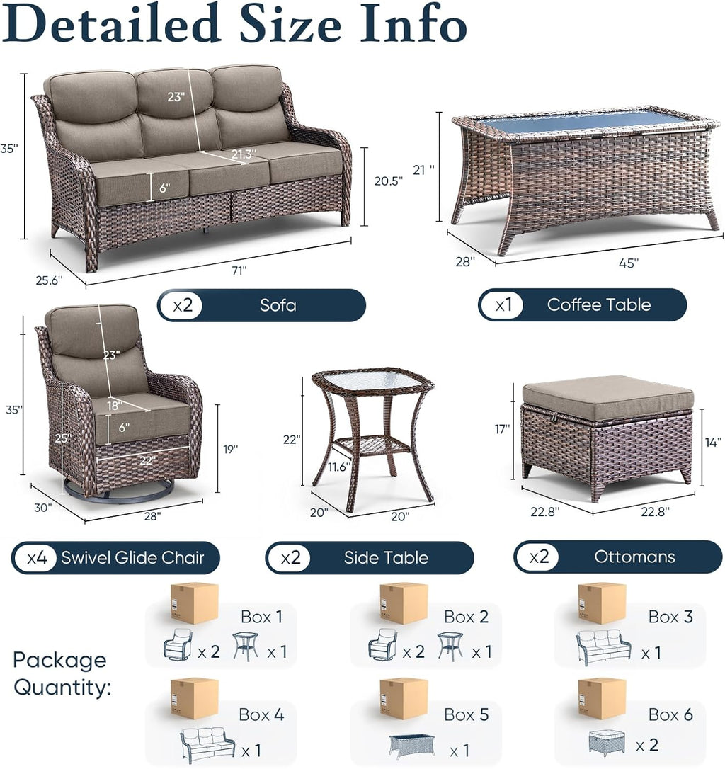 Luxury 6" Thick Cushioned 11 Pieces Patio Furniture Set with Outdoor Couch, Wicker Outdoor Conversation Set with High Back Swivel Rocker Chairs for Deck Porch Yard and Poolside - Brown+Grey