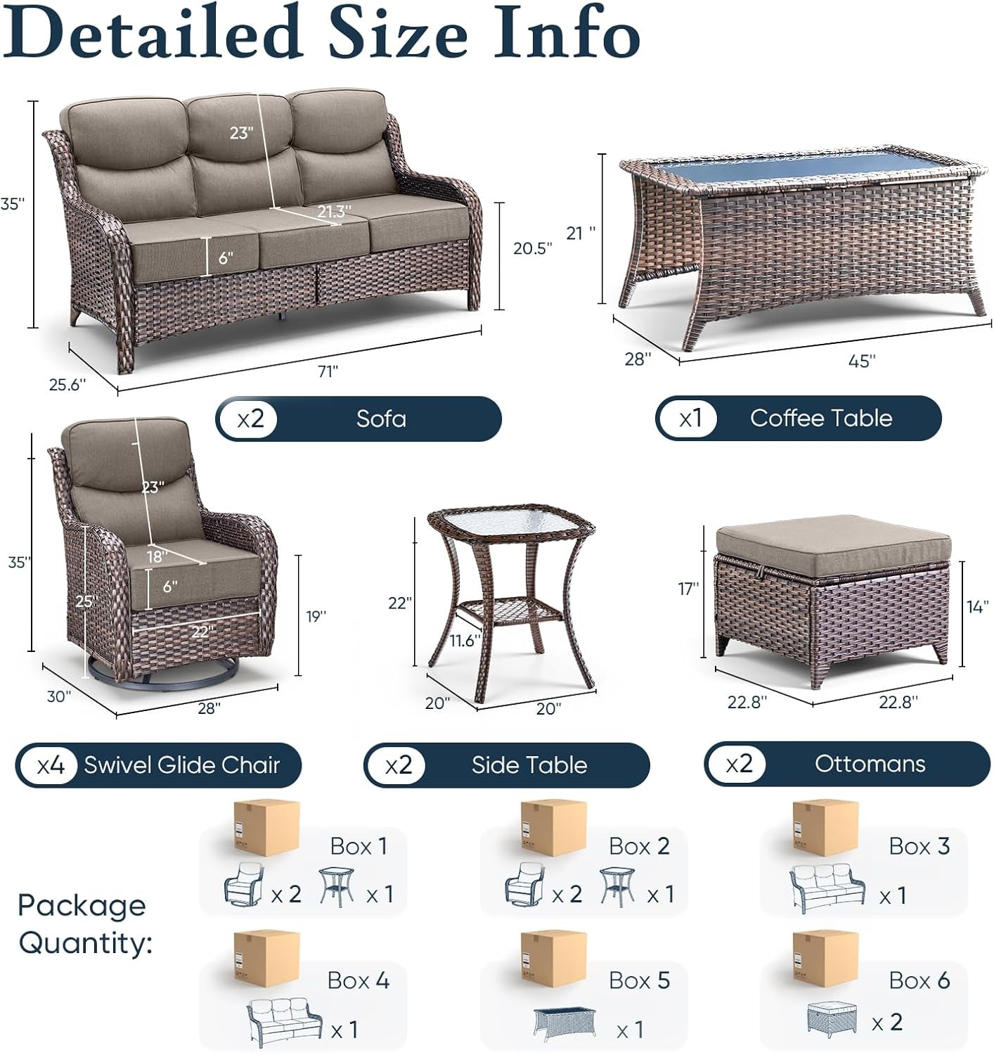 Luxury 6" Thick Cushioned 11 Pieces Patio Furniture Set with Outdoor Couch, Wicker Outdoor Conversation Set with High Back Swivel Rocker Chairs for Deck Porch Yard and Poolside - Brown+Grey