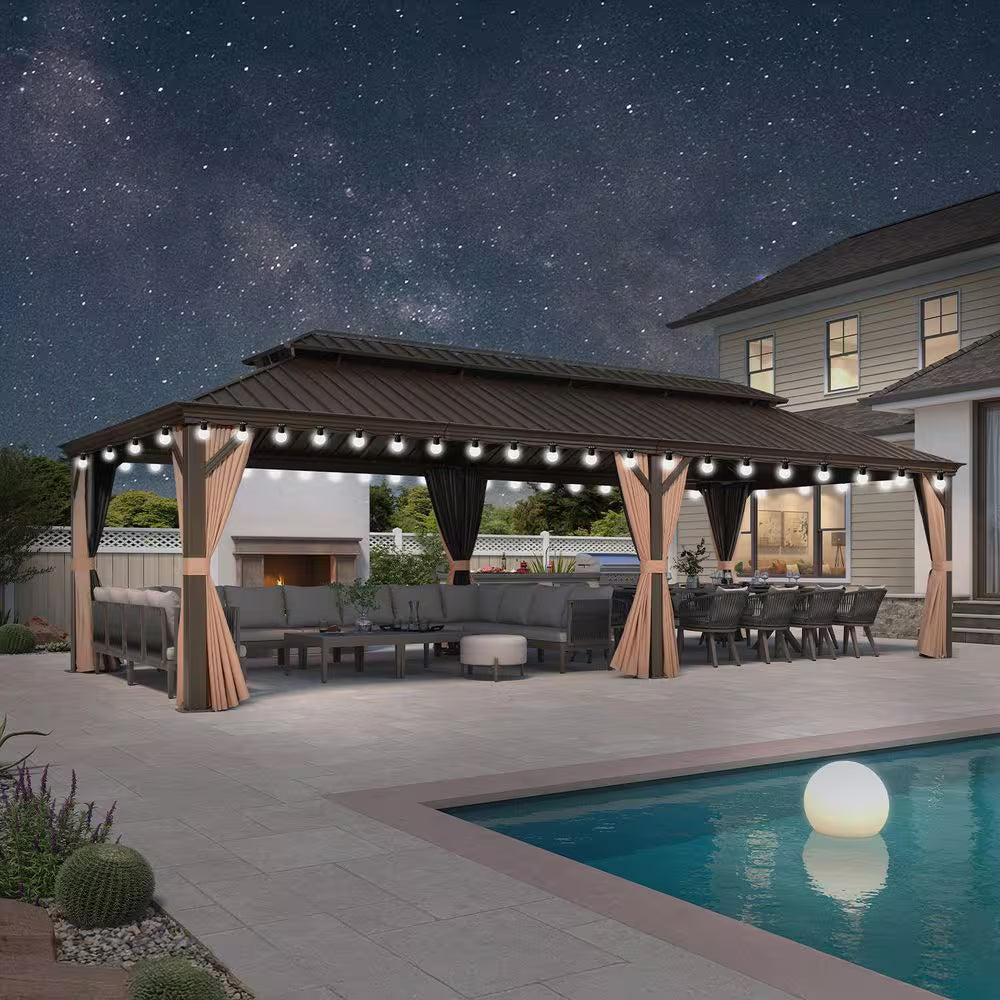 12 Ft. X 28 Ft. Bronze Patio Outdoor Gazebo for Backyard Hardtop Aluminum Frame, Hooks, Netting, Khaki Curtain,48-Lights