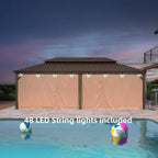 12 Ft. X 24 Ft. Bronze Patio Outdoor Gazebo for Backyard Hardtop Aluminum Frame Hooks Netting Khaki Curtain 48-Lights