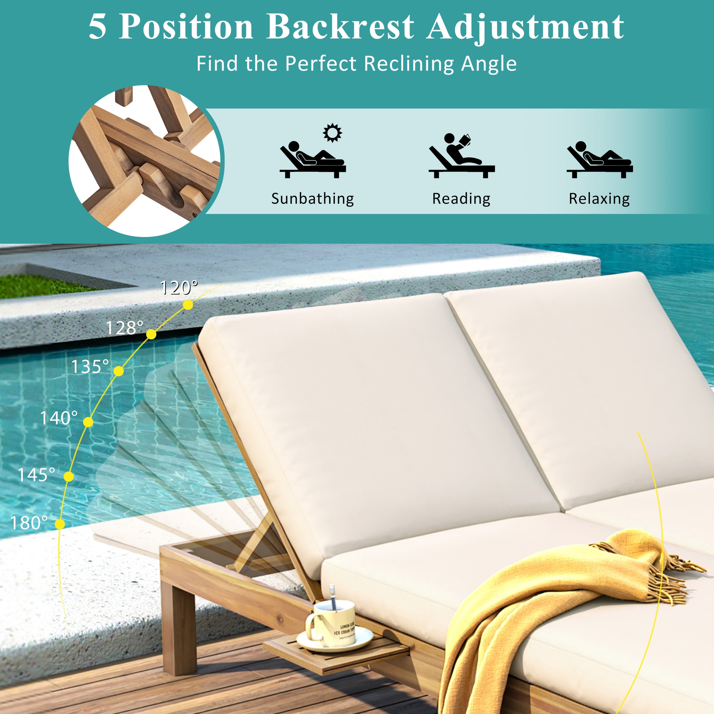 5-Position Adjustable Backrest Double Chaise Lounge Outdoor