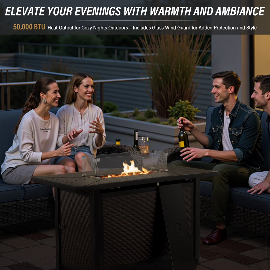 9 Pieces Patio Furniture Sets with Fire Pit Table,Swivel Chairs with 6" Thick Cushion,Sofa and Ottomans,Patio Conversation Sets for Porch Deck Garden Backyard